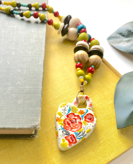 Floral Heart Necklace - Mixed Media