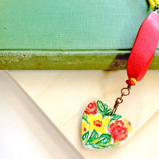 Floral Jewelry, Handmade Necklace, Hand Painted, Colorful, Jewelry, Necklace, Boho, Clay, Heart Pendant, Eclectic