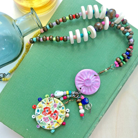 Handmade Jewelry, Floral, Handmade, Hand Painted, Boho, Eclectic, Necklace, Beaded Jewelry, Clay 